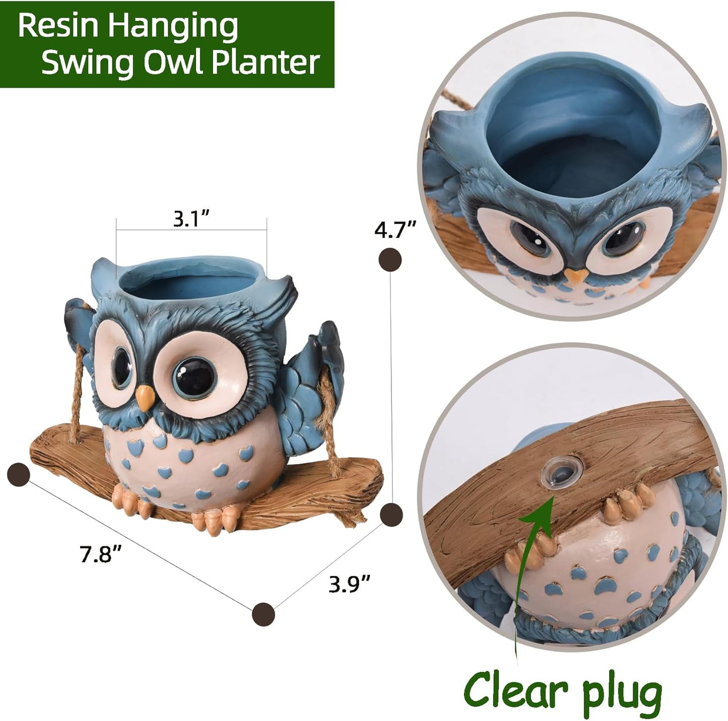 Swing Owl Hanging Planters for Indoor Plants, Cute Small Succulent Pots with Drainage Hole, Unique Resin Plant Hangers Outdoor, Hanging Plant Holder for String Of Pearls, Gift Ideas for Mother