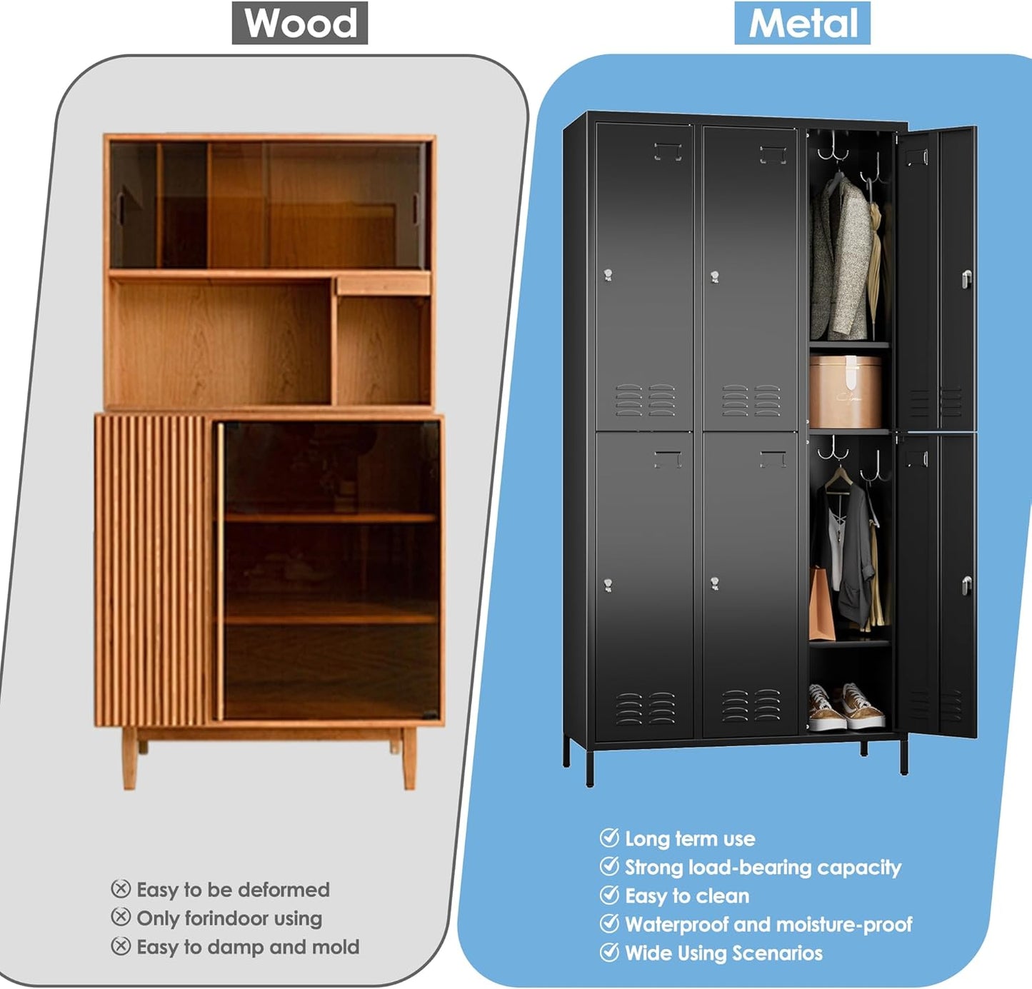 6 Doors Metal Storage Lockers for Employees with 18 Hooks,72" H Employee Lockers with Business Card Holder for Offices School Gyms Home,Assembly Required,Black