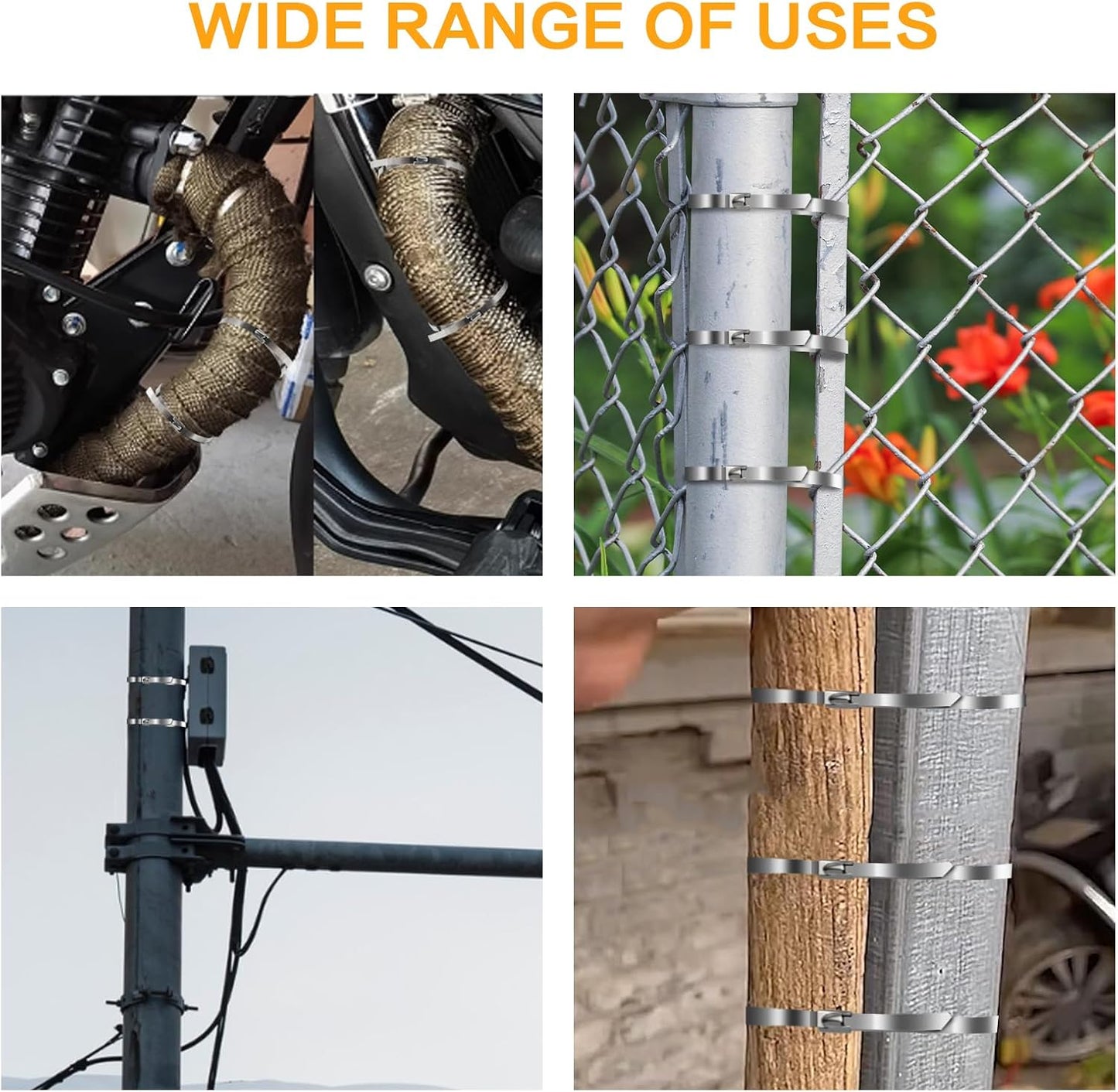 Metal Zip Ties 11.8 inch 100pcs 304 Stainless Steel Zip Ties Heavy Duty Multi Purpose Self Locking Cable Ties for Outdoor, Fence, Garden, Farm Automotive Applications Like Exhaust Packaging etc