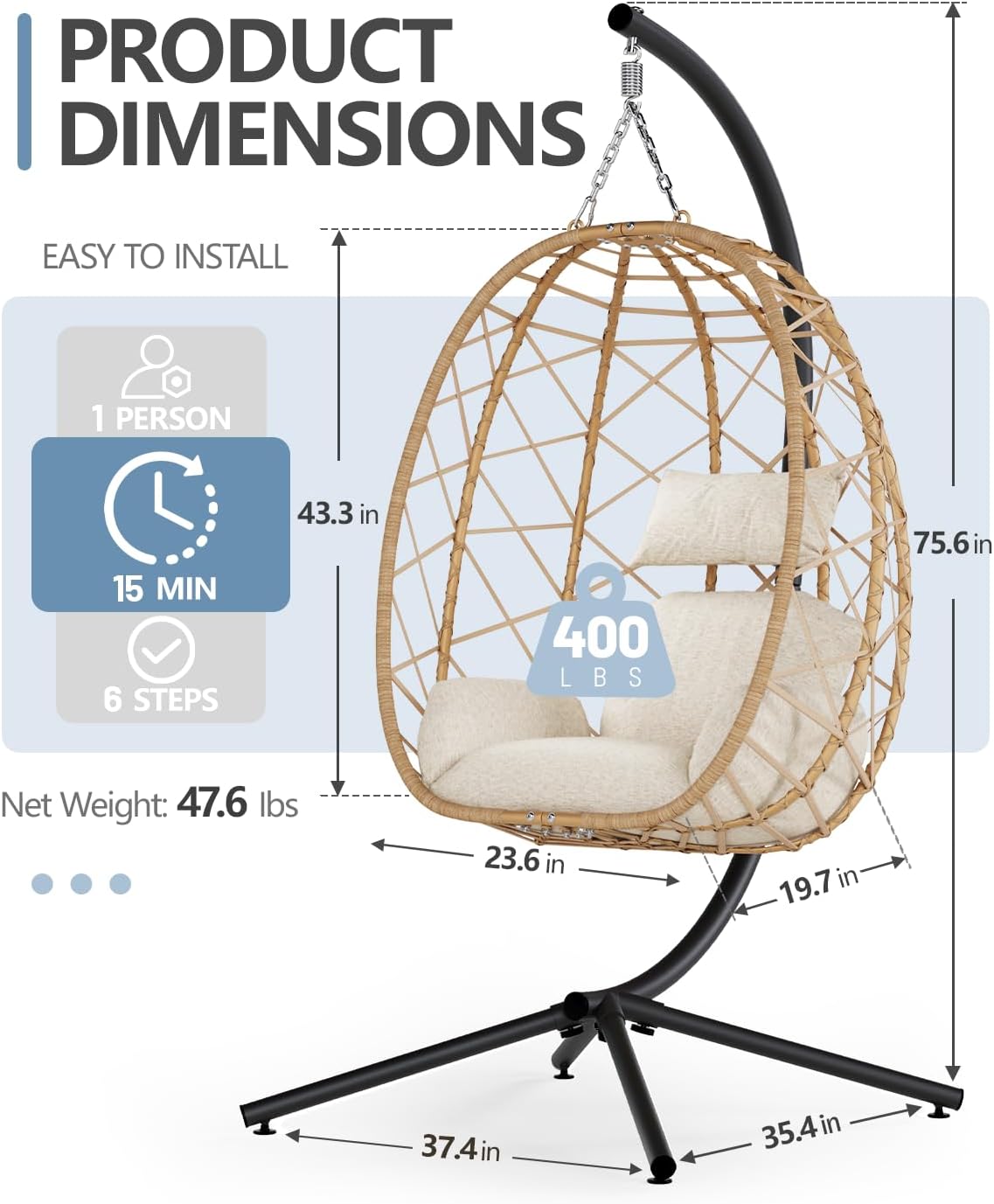 SWITTE Egg Swing Chair with Stand, Outdoor Patio Hanging Egg Chair, Indoor Hammock Chair with Cushion for Garden Backyard, 400LBS Capacity-Beige