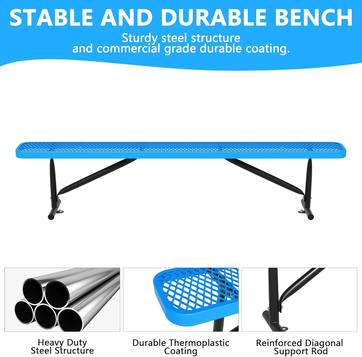 8 Feet Heavy Duty Metal Park Bench for Outside, Outdoor Bench with Portable Frame, Commercial Benches for Shopping Mall, Store, Park, Patio, Deck, Blue