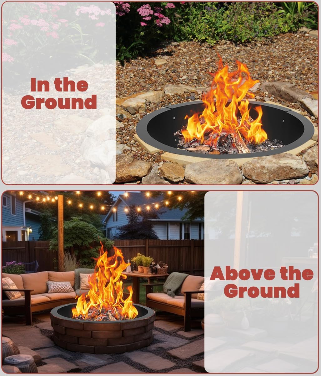 36 Inch Inner Round Fire Pit Ring Insert for Outside Wood Burning, 40 Inch Outer 36 Inch Inner DIY Outdoor Fire Pit Liner Ring for Garden, Patio, Backyard or Camping, 1.5mm Thick Metal Steel