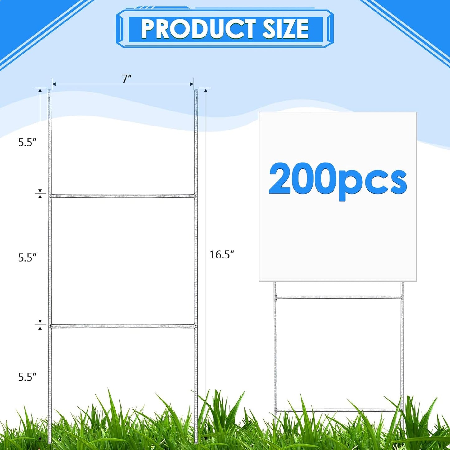 200 Pcs H Stakes for Yard Signs 16.5'' x 7'' Heavy Duty Metal H Frame Wire Stakes Weatherproof Metal Holder for 4mm 5mm Corrugated Signs Guidepost Yard Halloween Decoration