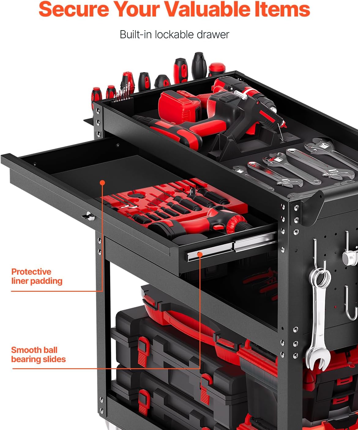 VEVOR 4-Tier Tool Cart with Wheels, 350 lbs Load Capacity, Rolling Work Cart with Drawer & Pegboard, Mechanic Tool Storage Organizer with Locking System for Garage, Warehouse and Repair Shop, Black