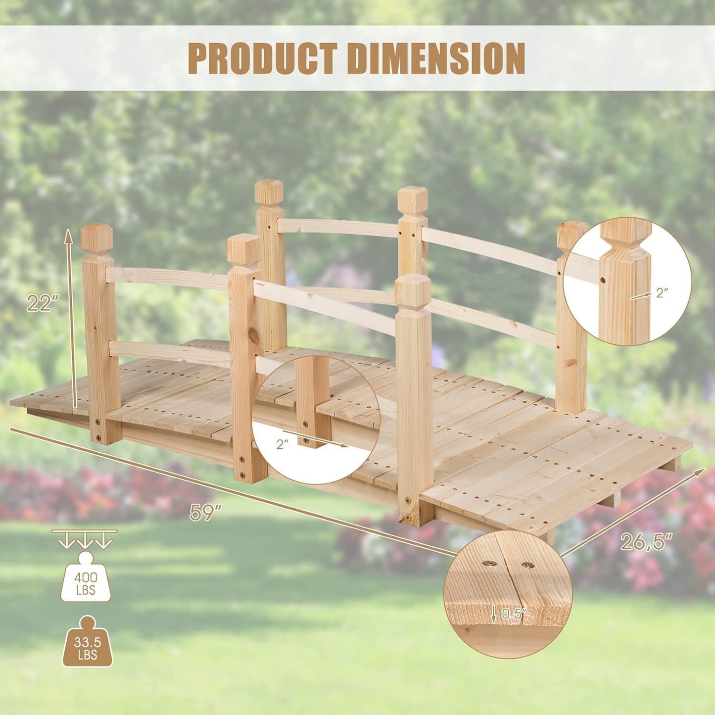 Giantex 5 FT Wooden Garden Bridge, Classic Wood Arc Footbridge with Railings, 400 lbs Capacity, Decorative Pond Bridge for Outdoor Garden Yard Backyard Creek Farm (Natural)
