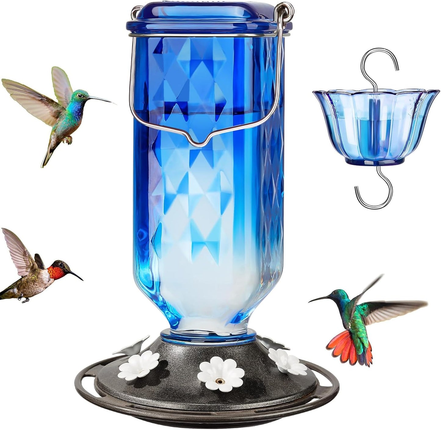 Kingsyard Glass Hummingbird Feeder for Outdoor Hanging, 24 Ounces, 6 Feeding Ports, Bird Nectar Feeder for Garden Décor, Ant Moat Included, Blue