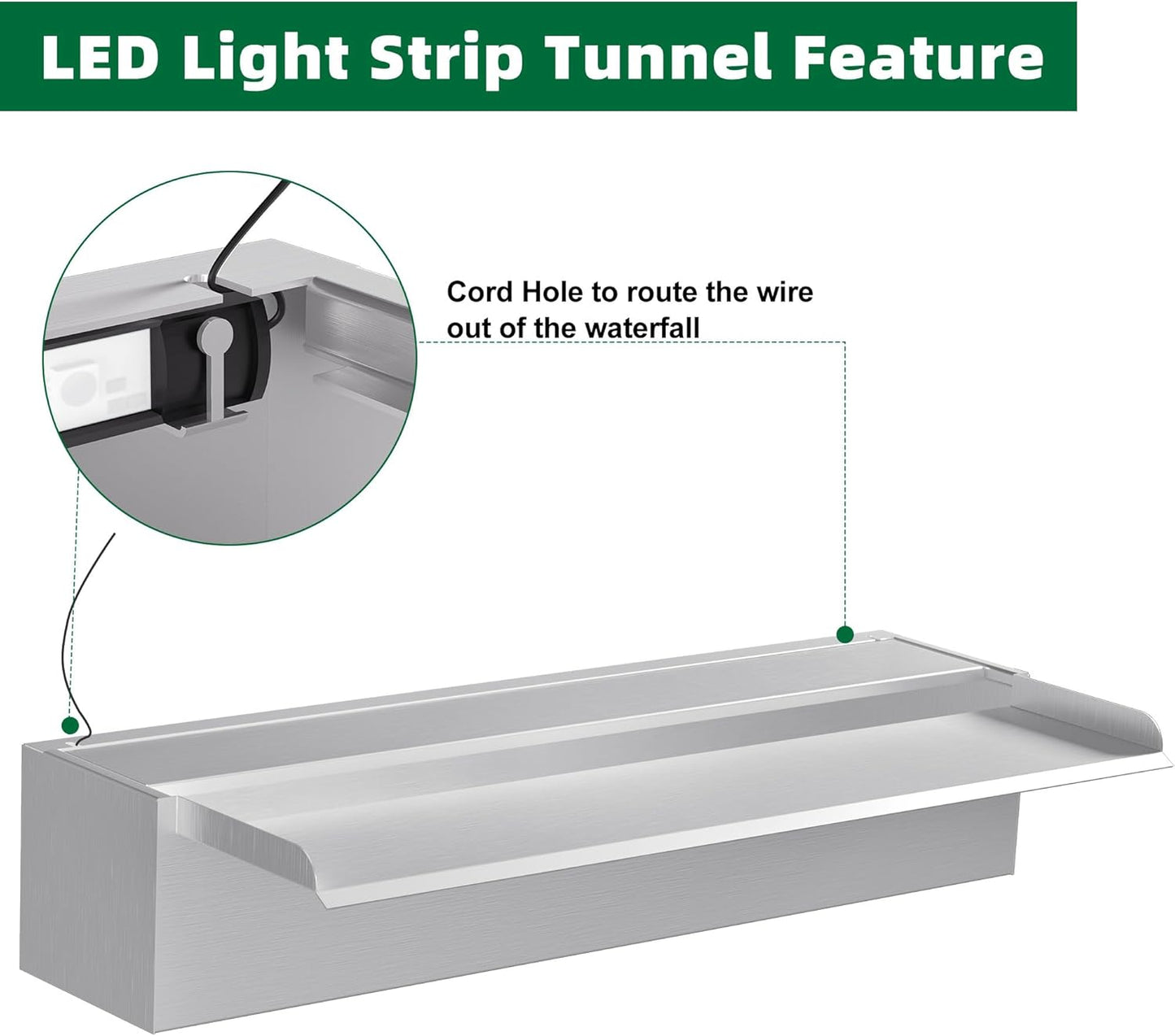 Waterfall Pool Fountain LONGRUNNEW 304 Stainless Steel 23.6" Rectangular Waterfall Spillway, Water Fall Fountain with Pipe Connector for Garden Outdoor, Swimming Pools, Fountains, Pond and Spa