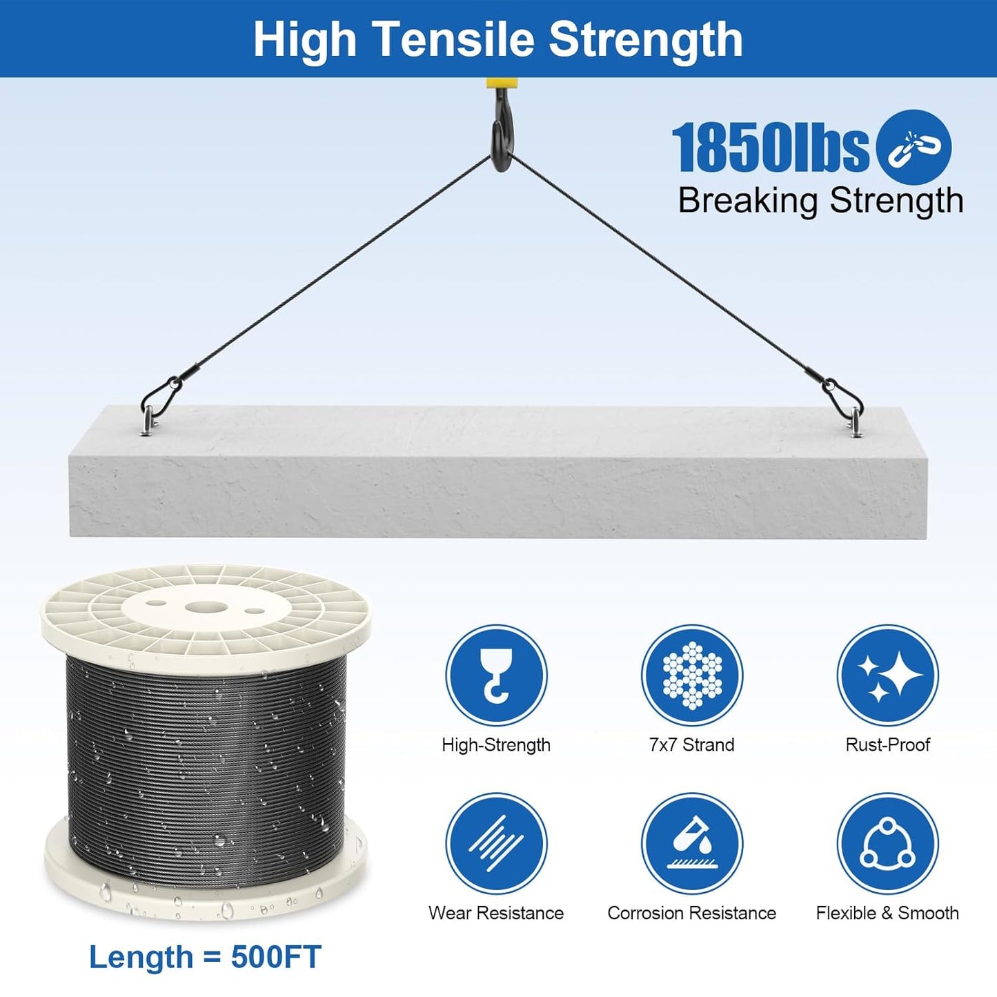 500FT T316 Marine Grade 1/8" Stainless Steel Cable Kit w/Cutter, 7x7 Strand,1850lb Breaking Strength Wire Rope Cable for Deck Railings,Ideal for Indoor/Outdoor Railings DIY Installation, MY15