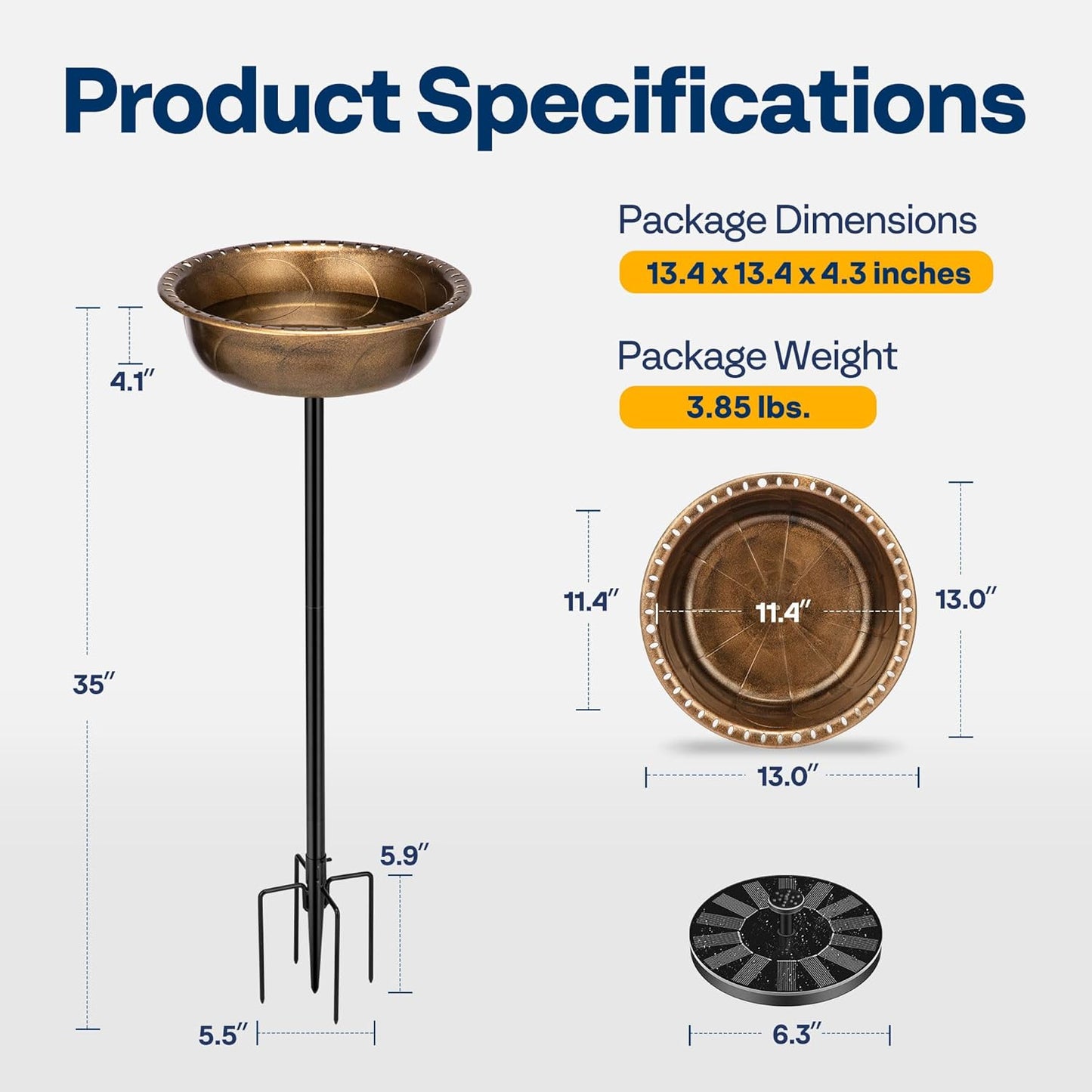 VIVOHOME Polyresin Bird Bath Bowl with Solar Fountain, 29 Inch Height Outdoor Freestanding Birdfeeder with Metal Stake, Capacity 1.4 Gallons, 5-Pronged Base, Copper