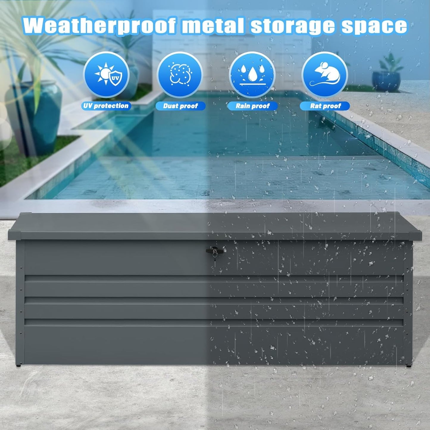 260 Gallon Metal Outdoor Storage Box Waterproof, Extra Large Deck Box and Patio Cushion Box for Storing Gardening Tools, Pool Supplies, Black