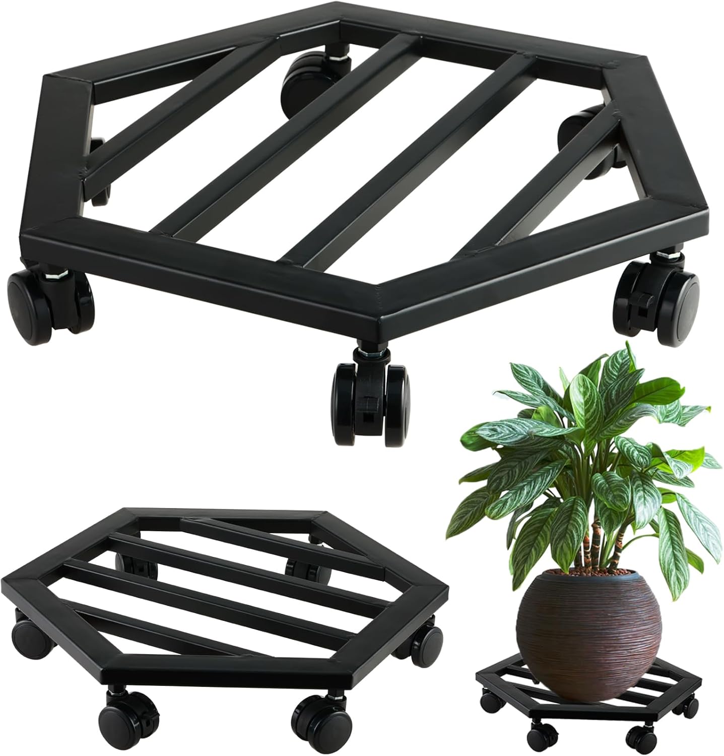 1 Pack 13 inches Large Metal Plant Caddy with Wheels Rolling Plant Stands Heavy-duty Wrought Iron Plant Roller Movers Indoor Outdoor Wheeled Plant Dolly with Casters Tray Coaster, Hexagon black