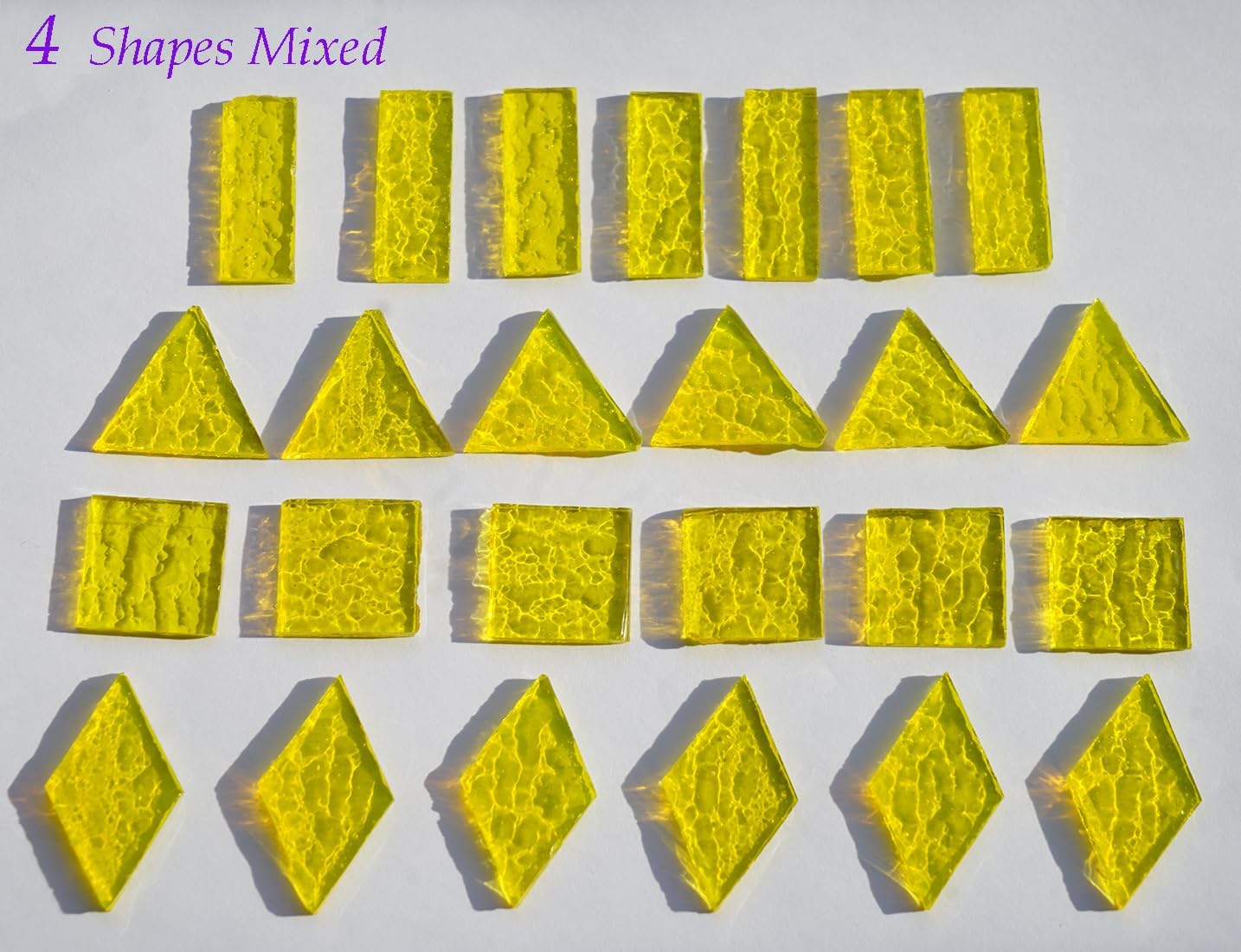 Large Transparent Textured Glass Tiles for DIY Crafts, 200g Stained Glass Pieces Supplies, 4 Shapes Tiles for DIY Mosaic Kit, Yellow Sunbeam