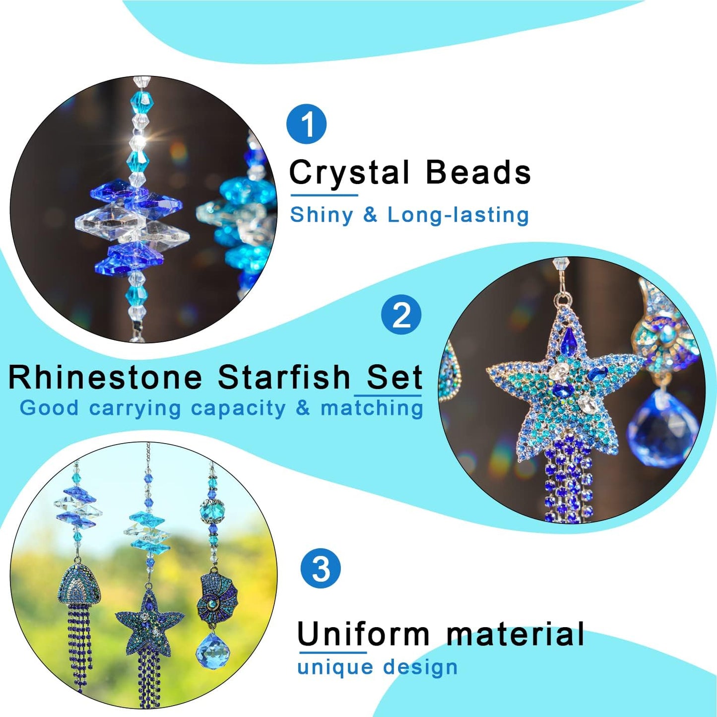 H&D HYALINE & DORA 3pcs Rhinestones Crystal Suncatcher Indoor Window Hanging Pendants, Sun Catchers Rhinestones Starfish Jellyfish Conch with Beads Prism Decor Wedding Garden Porch Ornament