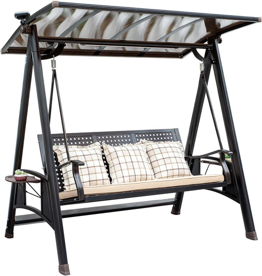 2/3-Seat Outdoor Patio Porch Swing with Adjustable Aluminum Alloy Canopy Solar Patio Swing Chair Bench with Footrest Side Cup Holder for Backyard Lawn (A-Aluminum Mesh Red Copper-3 Seat)