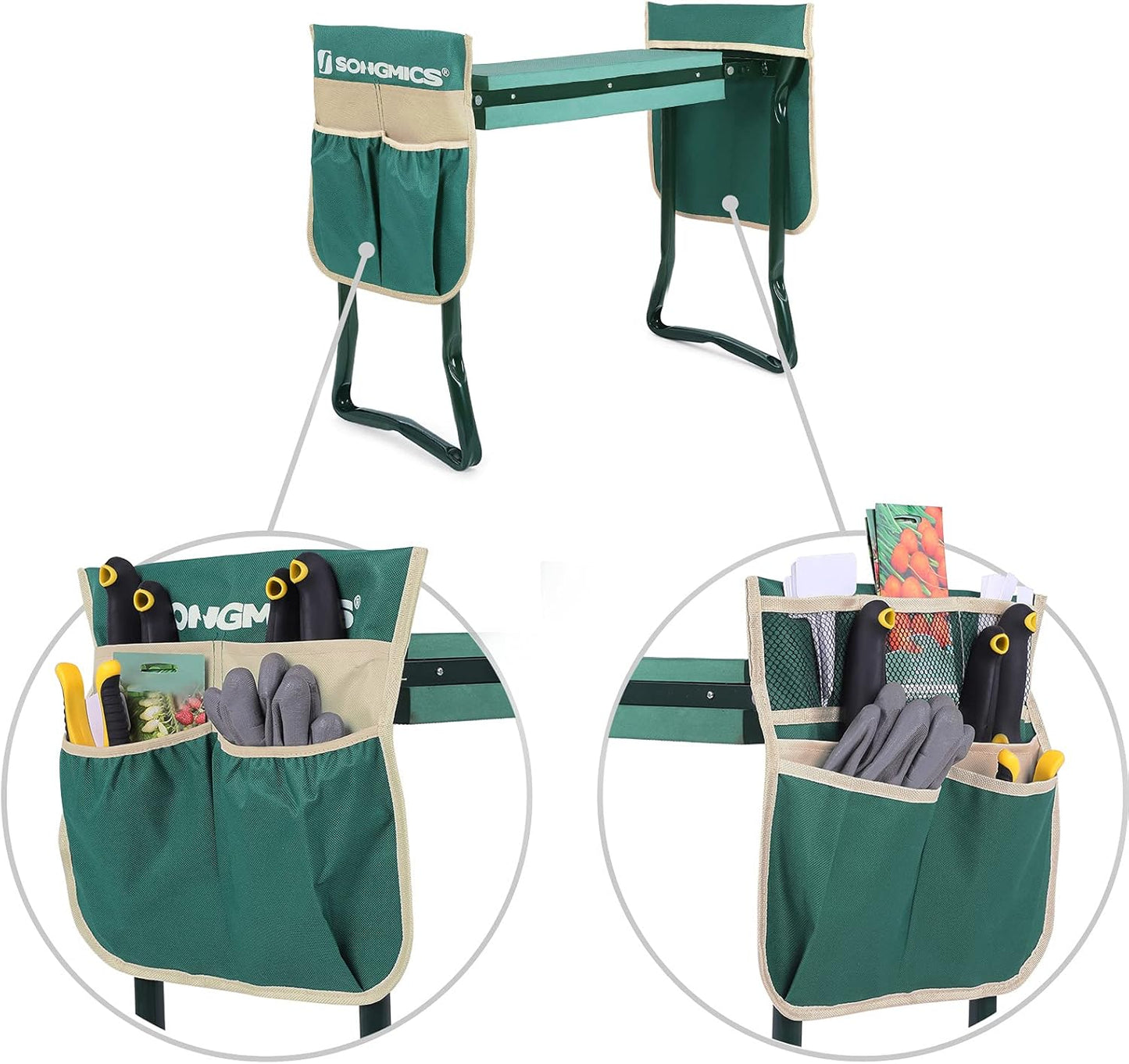 SONGMICS Garden Kneeler and Seat, Multifunctional Garden Kneeling Bench, Gardening Gifts for Women Men, Folding Gardening Stool, with 2 Tool Bags, 6-Inch Wide Kneeling Pad, Dark Green UGGK50L