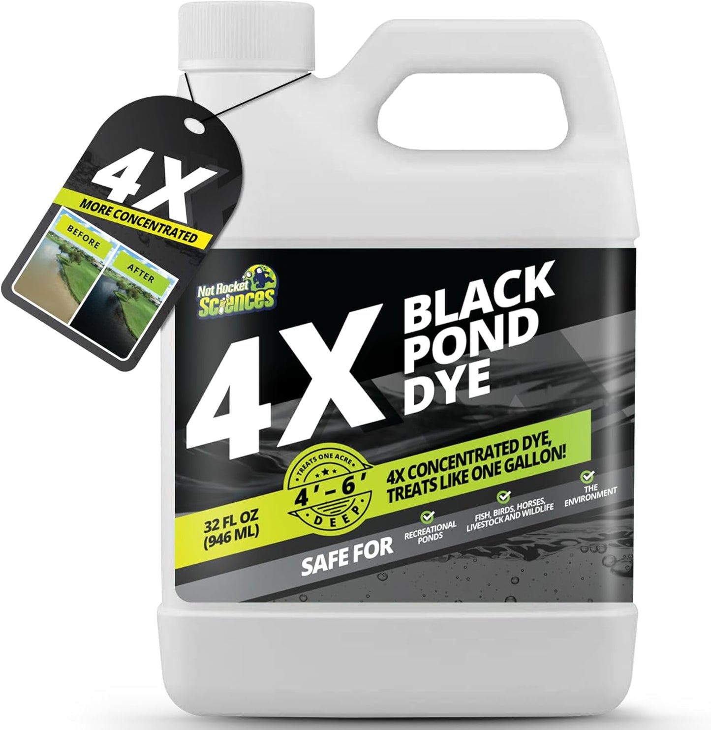 32oz Reflective Black Pond Dye, 4X Concentrate Pond Dye Black, Natural Looking and Long Lasting Liquid Lake Colorant, Protects Against Sunlight - Ideal for Fish, Birds, and Wildlife