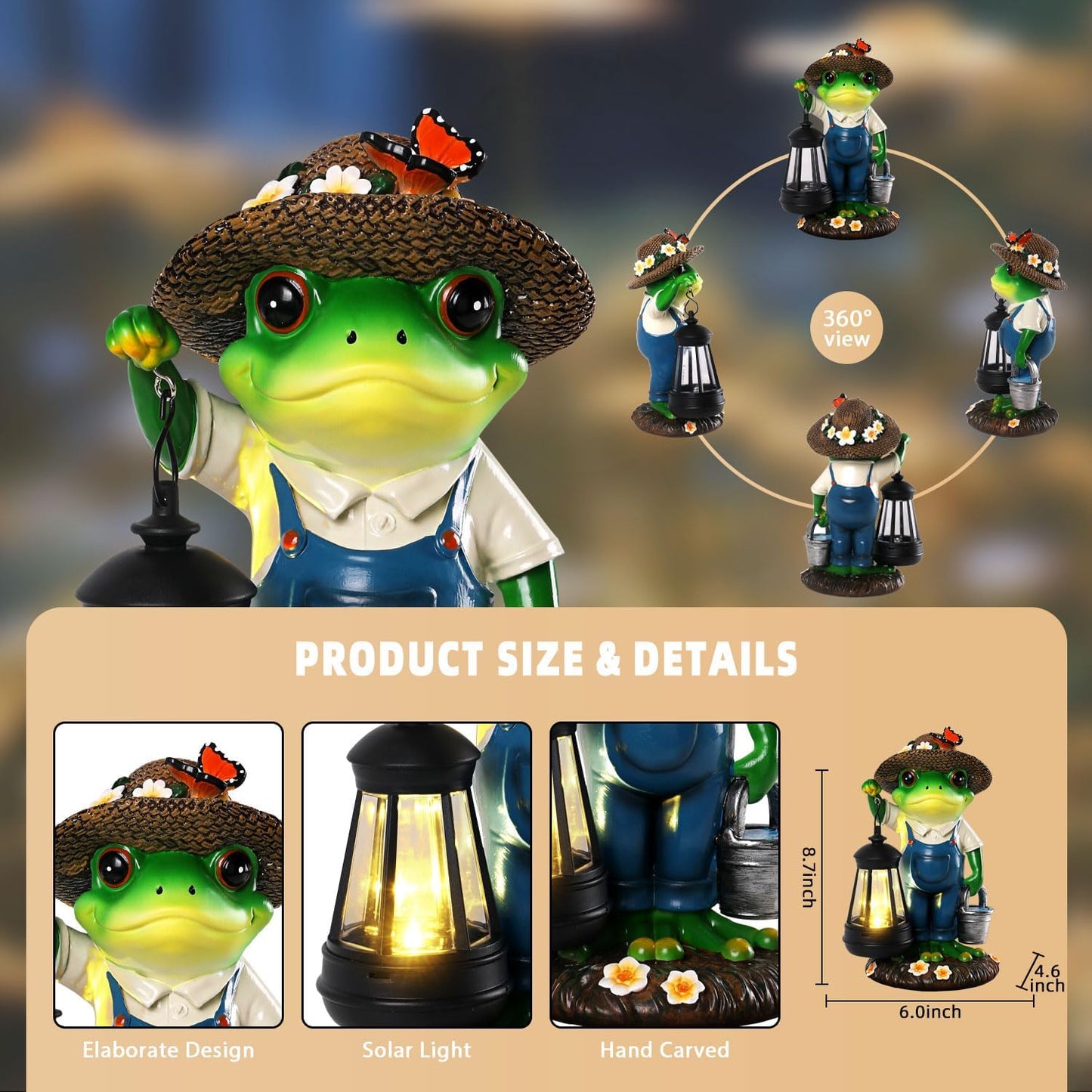 Solar Garden Decor - Frog Statues with Lantern 9" Resin Solar Frogs for Outdoors Patio Yard Porch Lawn Balcony Decor Ideas Animal Lover Gardening Gifts for Women Mom Wife