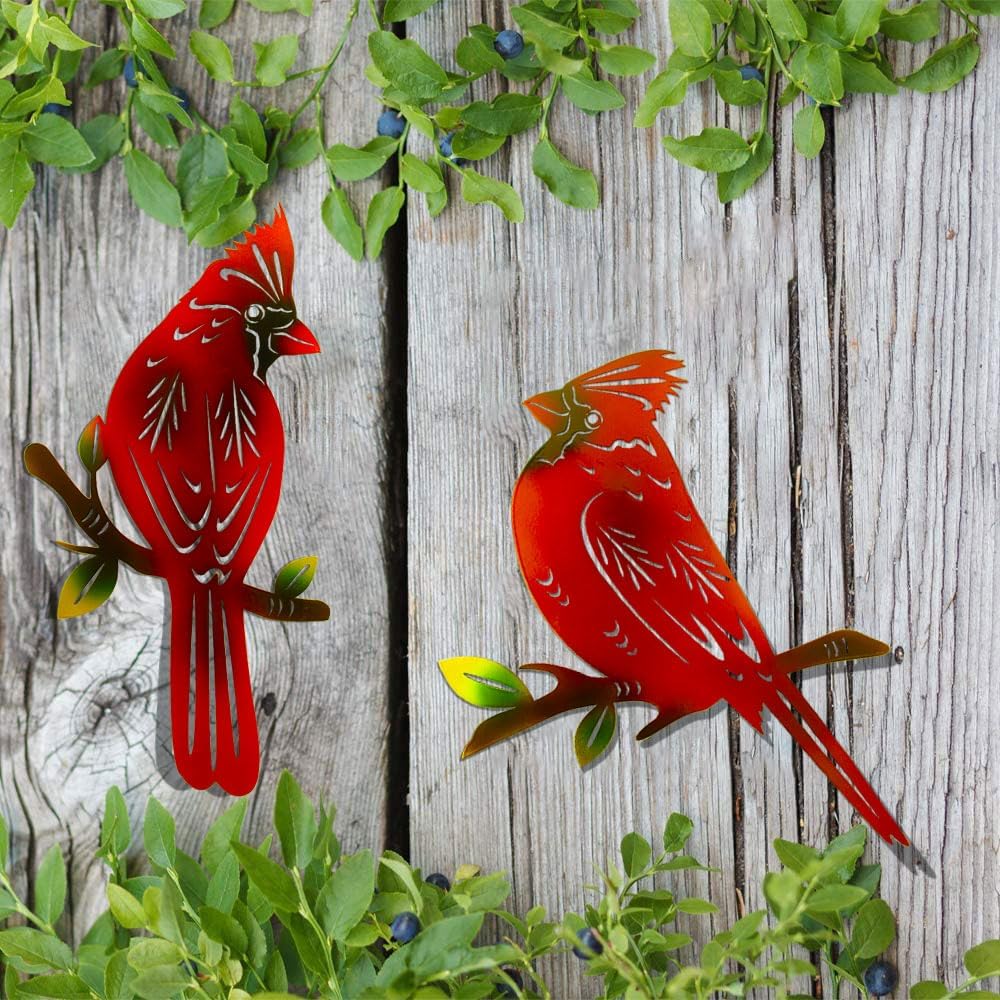 4 Pack Metal Cardinal Wall Art Decor Metal Birds 3D Outdoor Sculpture, Ornaments Hand-Made Nimble red Bird, Gifts for Mom,Birthday Gifts for Grandma Wife