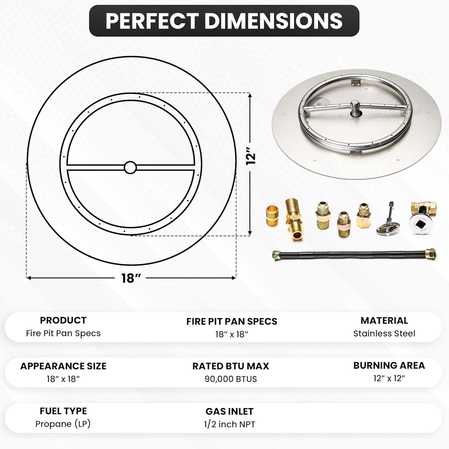 Fire Pit Burner Pan & Ring - Works with Liquid Propane - Stainless Steel Fire Pit Burner Kit 18-Inch Pan, 12-Inch Ring - 90,000 BTU Max