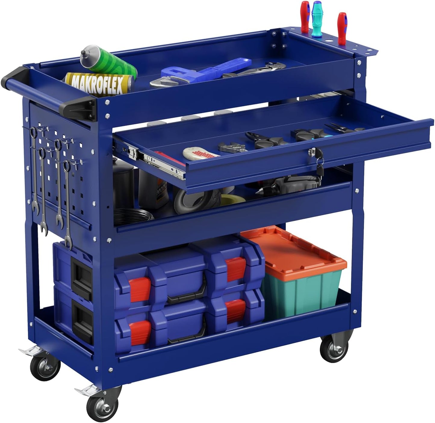 3-Tier Heavy Duty Utility Cart on Wheels, Rolling Tool Cart on Wheels with a Drawer, 350 Lbs Load Capacity Rolling Tool Storage Organizer for Garage, Warehouse and Repair Shop(Dark Blue)