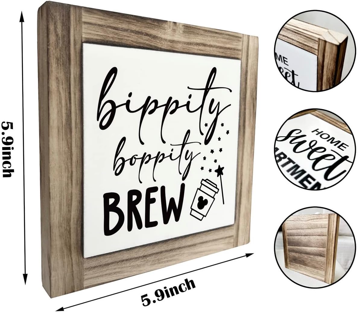 XJCUG Bippity Boppity Wood Plaque, Rustic Coffee Table Sign, Kitchen Home Decor, Tabletop Decor, Coffee Lover Gift, Disney Lover Gift 5.9x5.9in