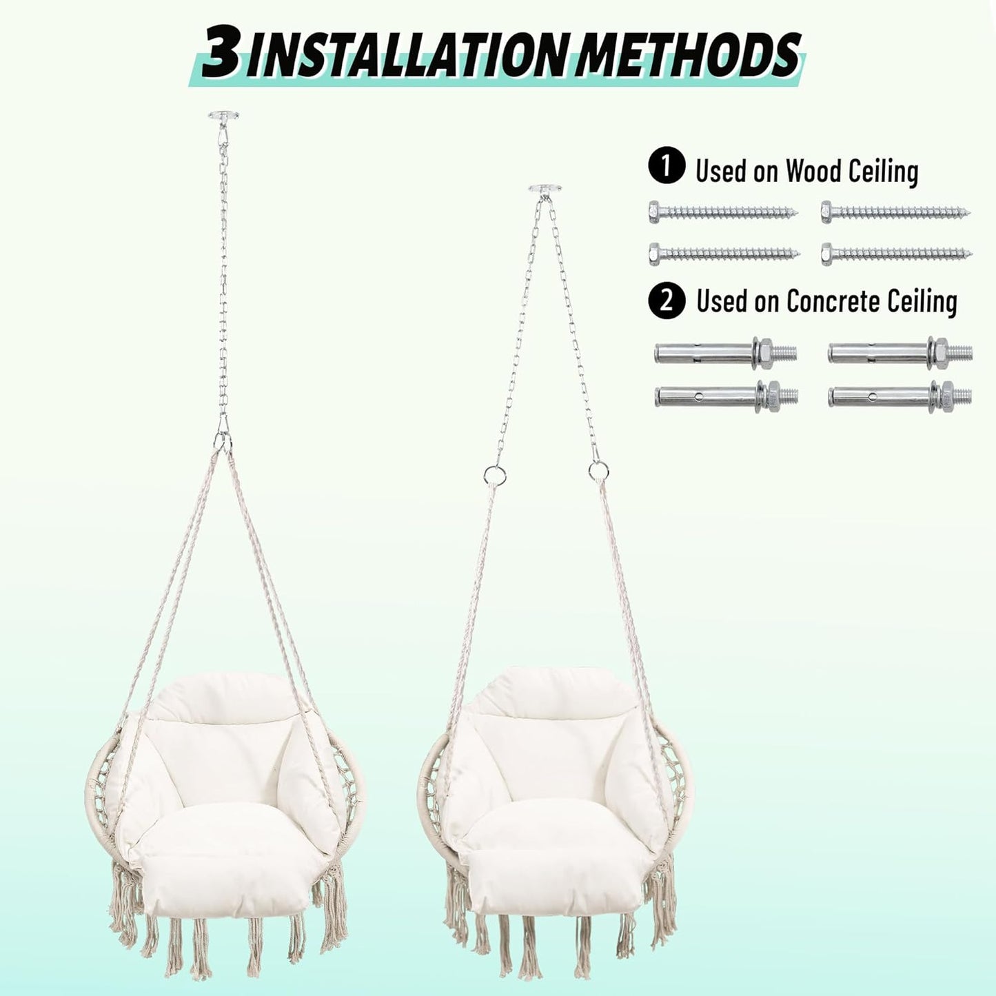 Macrame Hammock Hanging Swinging Chair with Oversized Cushion, Perfect for Bedroom, Porch, Kids, Adults, Balcony, Beige