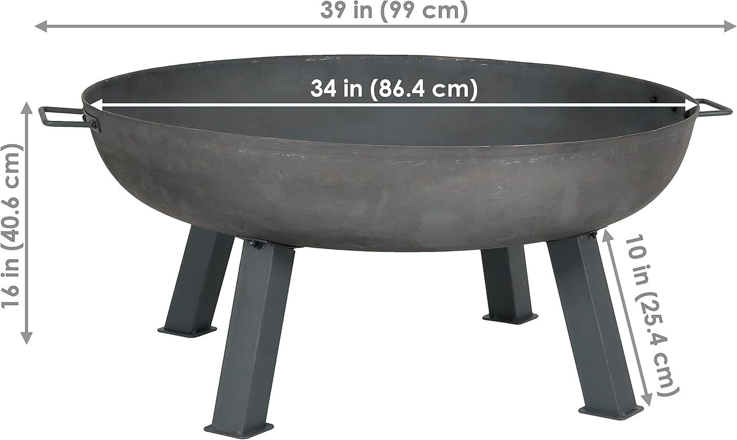 Sunnydaze 34-Inch Cast Iron Heavy-Duty Fire Pit for Outside - Wood-Burning Outdoor Fire Pit Bowl with Handles - Steel Finish