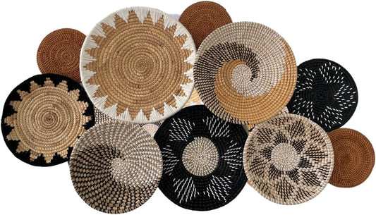 Set of 10 Handcrafted Boho Wall Basket Decor, Wall Hanging Baskets, Decorative Plates for Wall, Handmade from Vietnam Unique Wicker Wall Art Decor