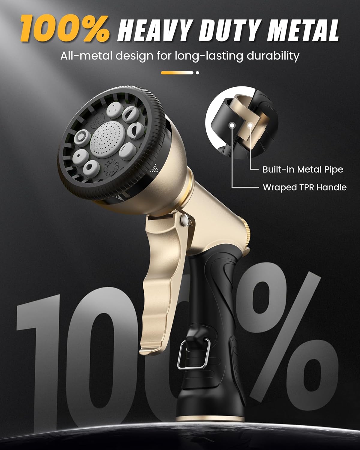 RAINPOINT Garden Hose Nozzle, Hose Sprayer Nozzle with 9 Spray Patterns, High Pressure Water Hose Nozzle Heavy Duty Metal Hand Sprayer, Watering Plants and Lawn,Grey