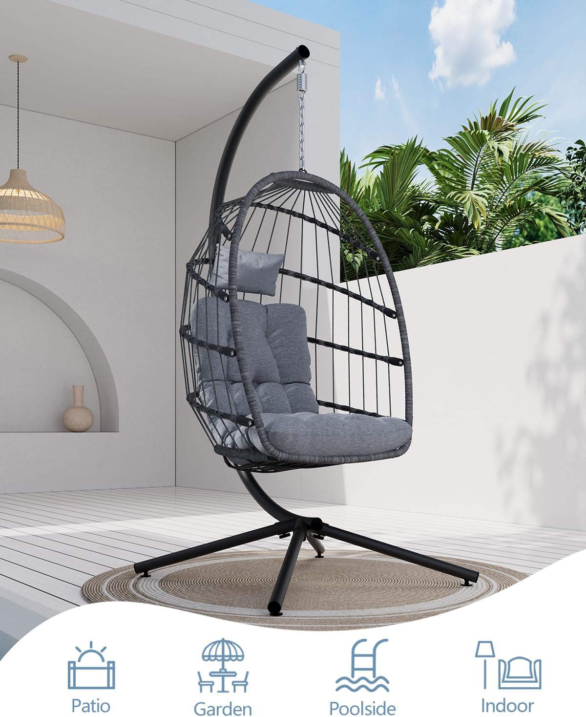 SWITTE Egg Chair Outdoor with Stand, Indoor Wicker Hanging Egg Swing Chair with Cushion, 350lbs Capacity for Patio, Bedroom, Garden - Light Grey