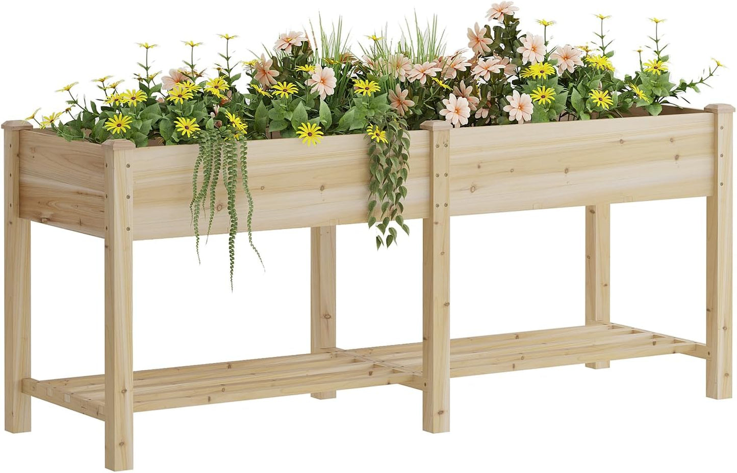 Raised Garden Bed, Planter Box with Storage Shelf, Elevated Wooden Box with Legs, Garden Planter for Backyard, Patio, Balcony, Natural Wood (Natural, L)