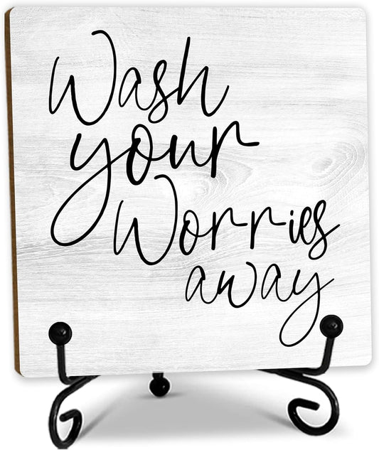 5" Wooden Plaque, Wash your worries away bathroom sign, bathroom shelf decor, Rustic Farmhouse Home Guest Room Bathroom Accessories -B27