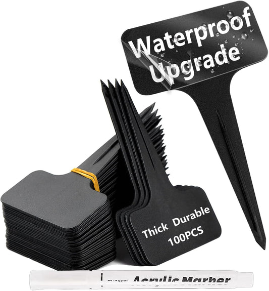 100 Pcs Waterproof Black Durable Plastic Plant Outdoor Garden Labels Nursery Markers T-Type Thick Tags Re-Usable for Vegetables Seedlings