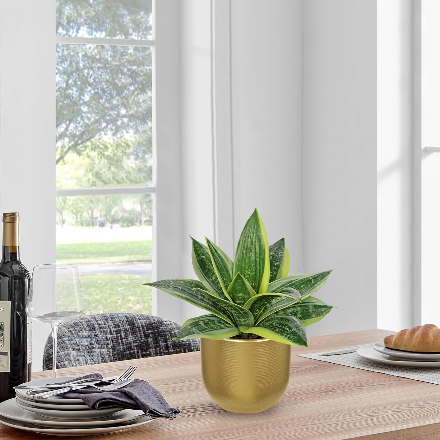 Hollyone Artificial Snake Plants 9" Faux Agave Succulent Plant Potted in Gold Pot Fake Sansevieria Aloe Tropical Plant for Desk Modern Office Home Bathroom Indoor Outdoor Decor