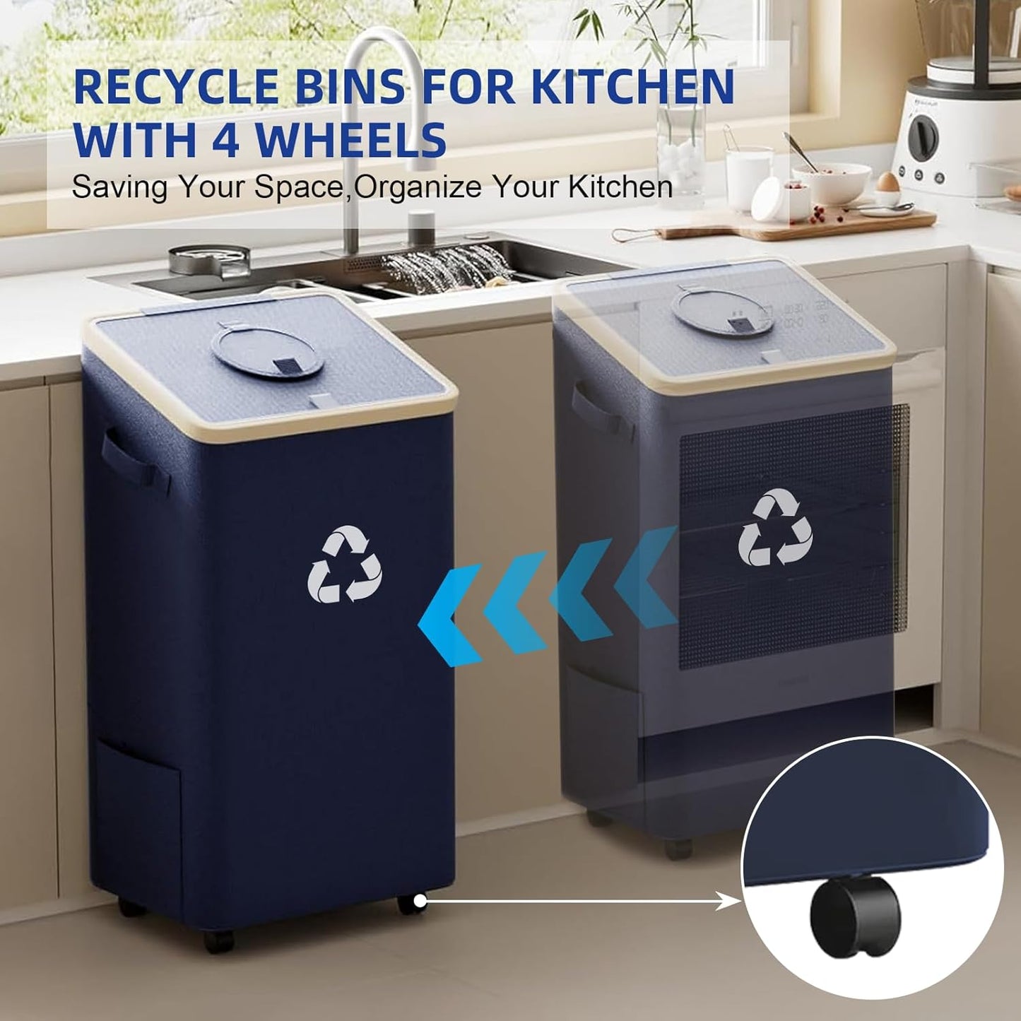 26 Gallon Recycling Bin for Kitchen, 100L Recycle Bin with Lid, Recycle Bins for Kitchen with 4 Wheels(Lockable),2 Reusable Inner Bags, for Bottle Can Glass Plastic Stickers, Dark Blue