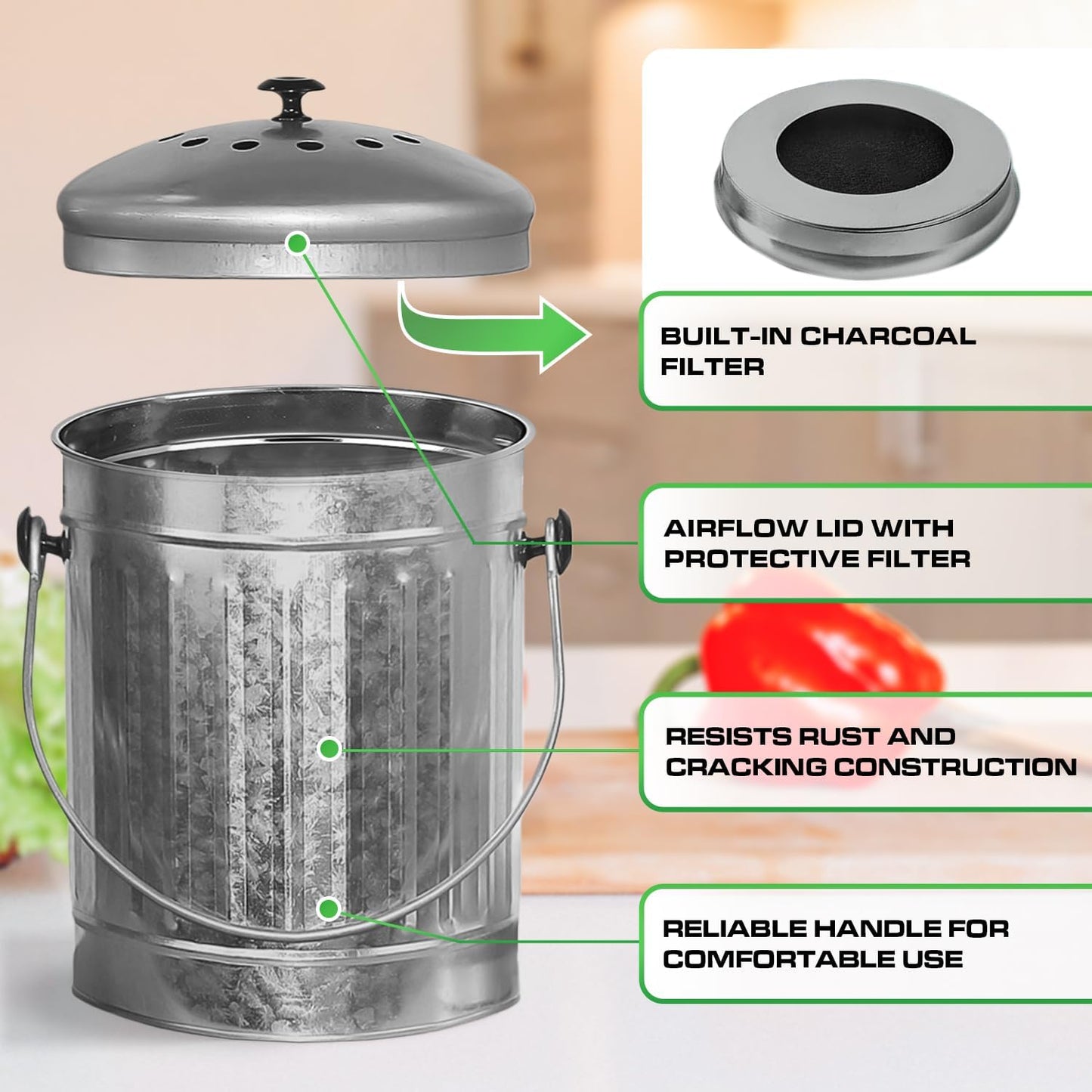 Plexon Countertop Compost Bin Kitchen Indoor, with Lid, Silver 1.5 Gallon Odorless Kitchen Compost Container, Steel Food Bucket Pail with Charcoal Filter, Silver