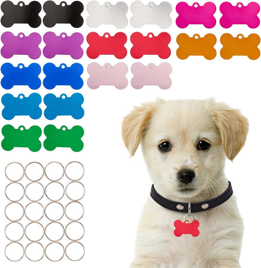 [Press TX Art] 40 Pcs Round(Circle), Bone, Rectangle, Heart Anodized Aluminum Stamping Blanks Tags 10 Mixed Colors Metal Engraving ID Name Tags with Rings (Bone in 10 Colors)