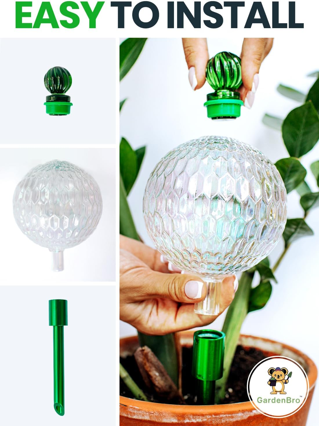16 Oz Plant Watering Globes for Indoor Plants with Metal Self Watering Planter Insert - Premium XL Glass Hand-Blown Globe - Automatic Plant Waterer Indoor, Gift Idea for Gardeners [1 Globe, Textured]