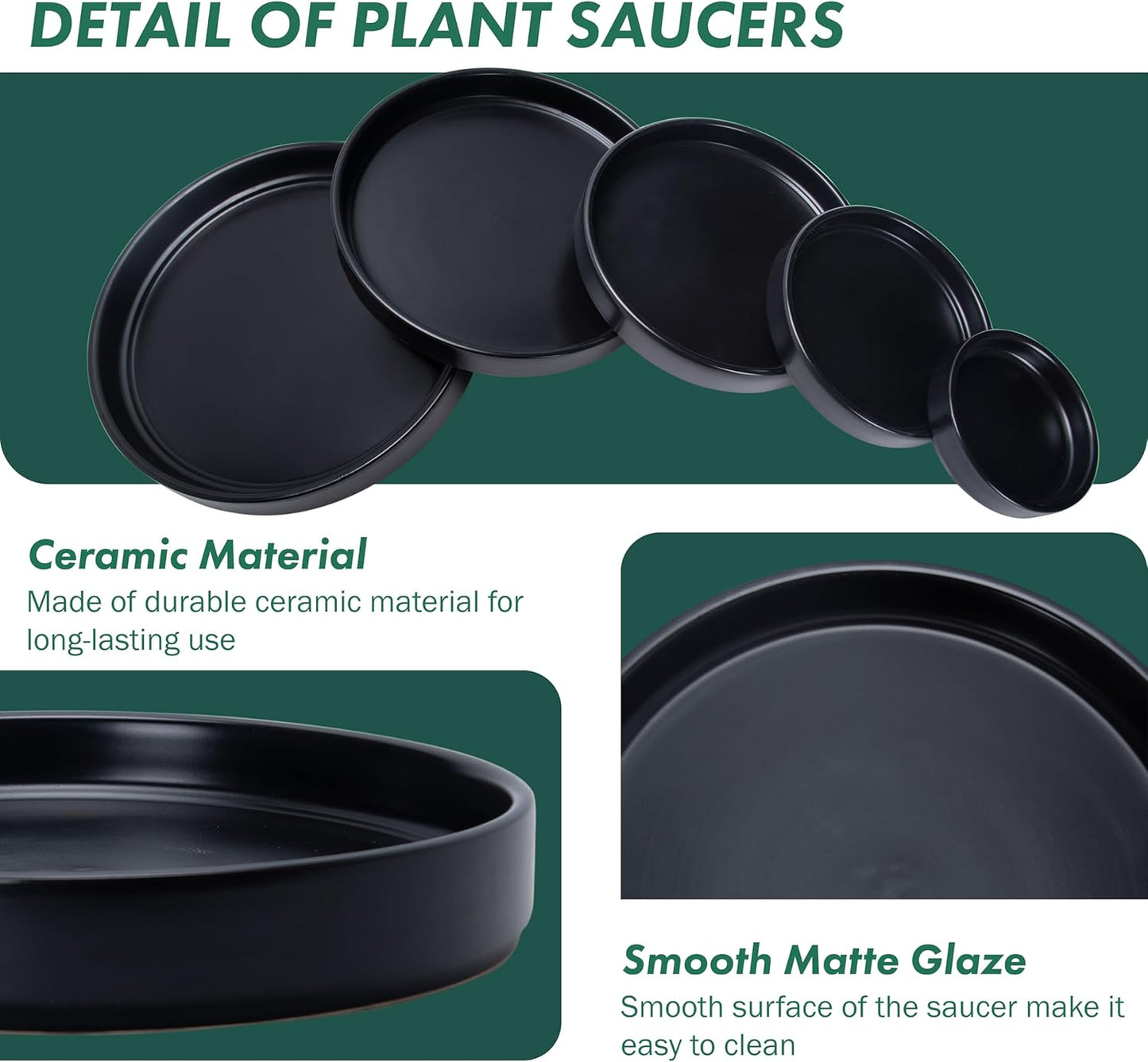 D'vine Dev Modern Round 10.4 Inch Ceramic Plant Pot Saucer, Planter Pot Drainage Tray for Indoor Plants, Matte Black, 97-T-B-5