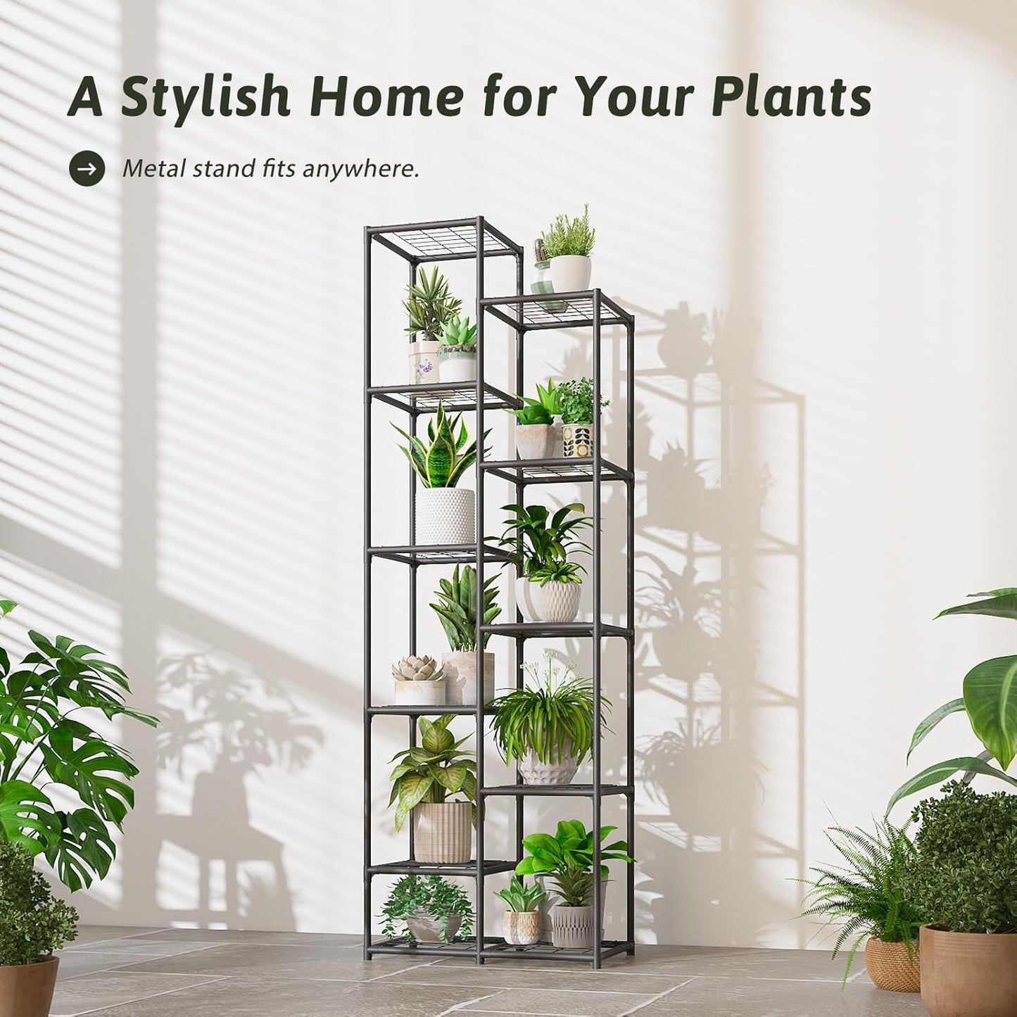 Tall Plant Stand Indoor Corner Plant Shelf Metal Plant Rack Plant Holder Flower Pot Stand for Multiple Plants for Living Room Patio Balcony Garden Porch Black