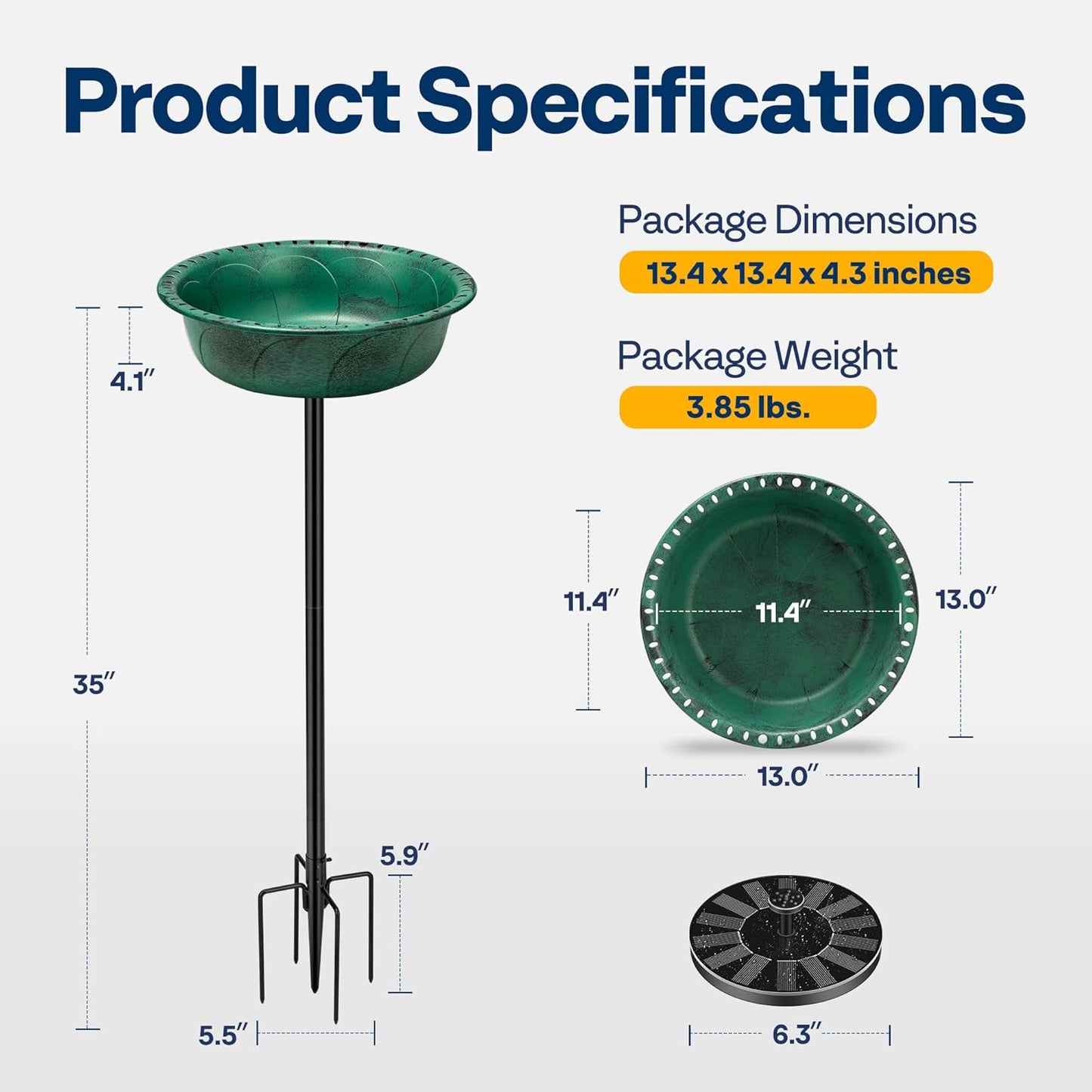 VIVOHOME Polyresin Bird Bath Bowl with Solar Fountain, 29 Inch Height Outdoor Freestanding Birdfeeder with Metal Stake, Capacity 1.4 Gallons, 5-Pronged Base, Green