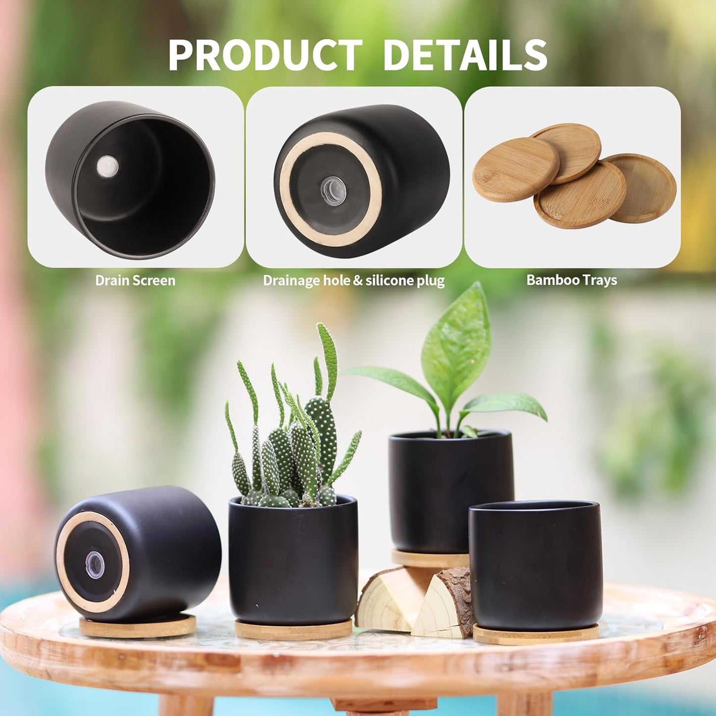 4 Inch Ceramic Plant Pots with Drainage Holes and Trays, Adorable Small Cylinder Flower Planter Pot for Indoor Plants, Succulent, Snake Plants, Cactus & Herbs, Black, Set of 4