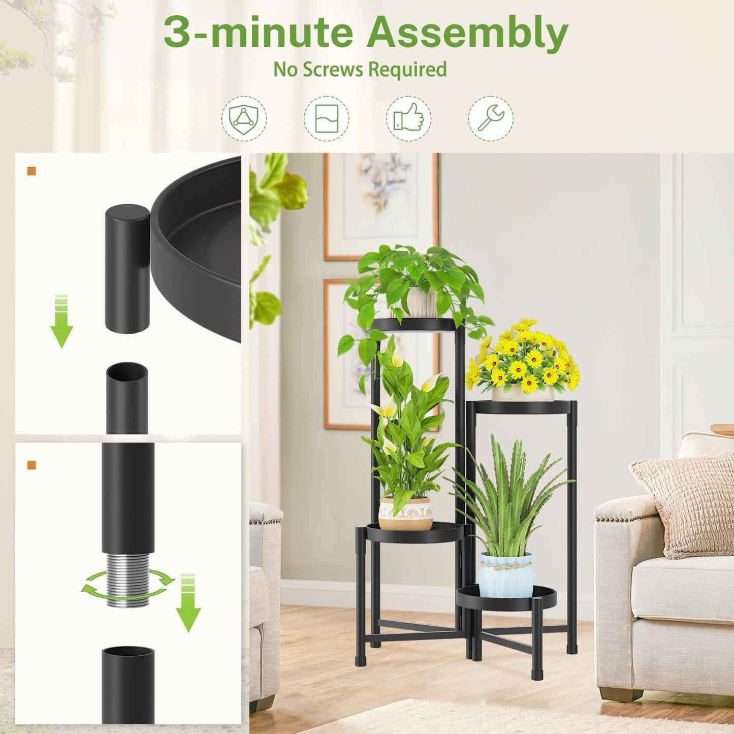 iDavosic.ly Plant Stand Indoor Outdoor, 4 Tier Corner Metal Flower Display Holder Shelf, Folding Tall Orchid Rack for Patio Balcony Porch Garden Living Room House, Black