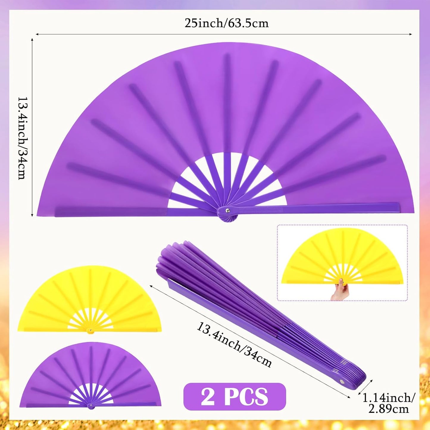 Maitys 2 Packs Large Clap Fans for Line Dancing Large Chinese Folding Hand Fans for Men and Women, Festival, Tai Ji, Kungfu, Martial Art, Gifts (Purple and Yellow)