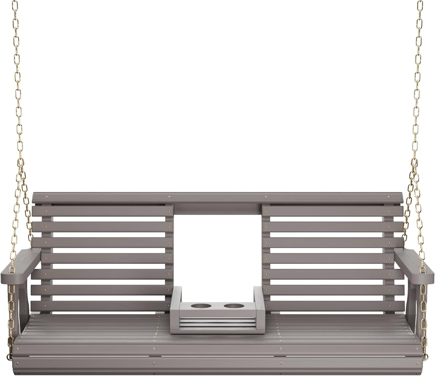 Porchgate Amish Heavy Duty Console Porch Swing with Fold Down Cup Holders in Semi Solid Grey Stain - Amish Made in The USA from Treated Pine, Hanging Chains Included