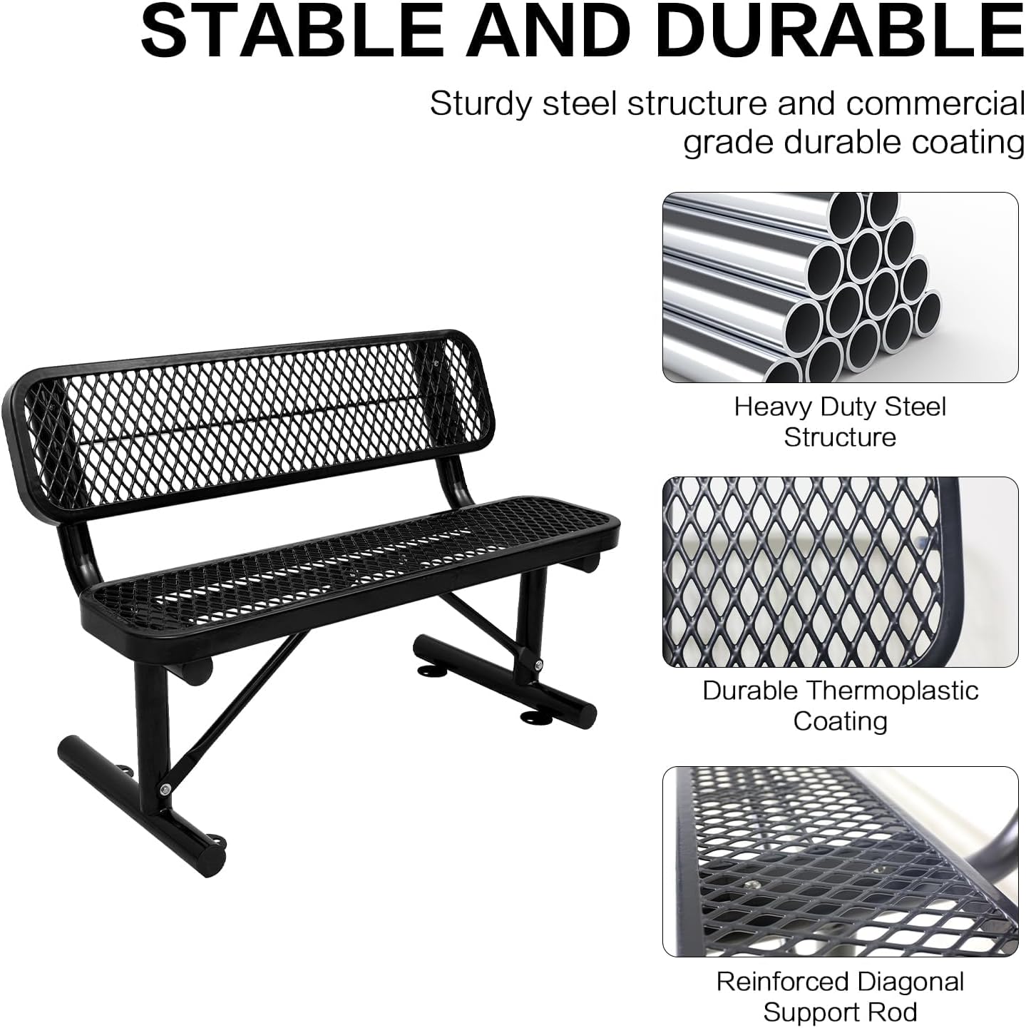 4/6/8 Feet Park Bench for Outside Heavy Duty Metal, Garden Benches Outdoor Bench with Backrest & Portable Frame, for Shopping Malls Stores Parks Patios Decks, Black