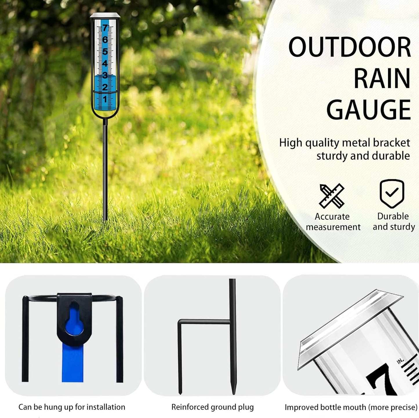 JMBay Rain Gauge Outdoor, Accurate rain gauges Outdoors Best Rated, Tall rain Gauge for Yard with Stake, Decorative rain Measure Gauge for Garden, Deck, Lawn with Large Numbers, Adjustable Height