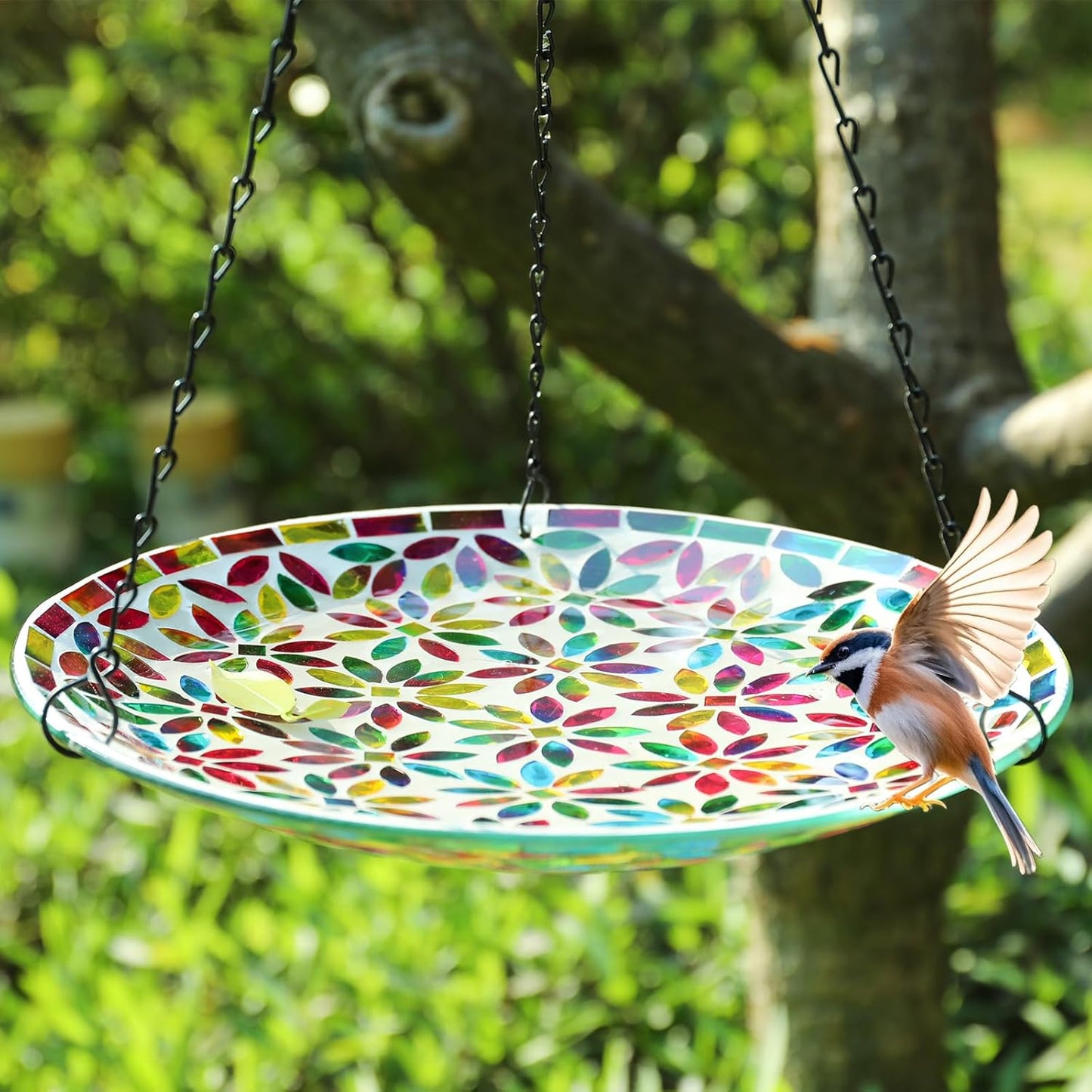 MUMTOP Mosaic Hanging Bird Bath-Bird Baths for Outdoors - 12 Inch Glass Birdbath Bird Water Bowl Bird Feeders for Outside, Garden, Lawn Yard Decor（Colorful Flower）