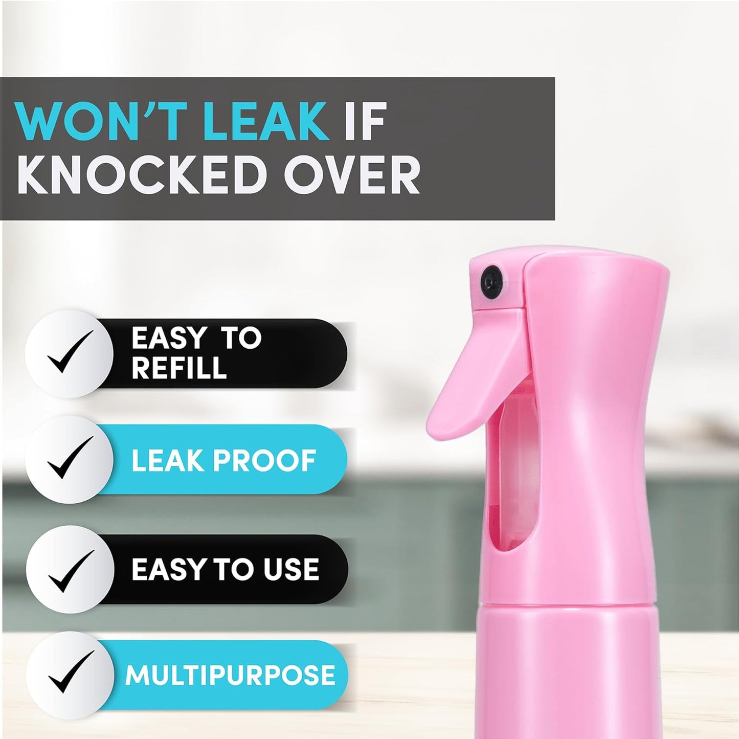 Hula Home Continuous Spray Bottle for Hair (10.1oz/300ml) Empty Ultra Fine Plastic Water Mist Sprayer – For Hairstyling, Cleaning, Salons, Plants, Essential Oil Scents & More - Pink