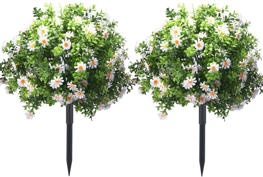 23.6" Artificial Boxwood Topiary Ball Trees with White Flowers, Set of 2 UV Resistant No Fade Outdoor Faux Plants with Ground Spike, Fake Shrubs for Garden, Patio, Porch, Yard, Indoor Decor
